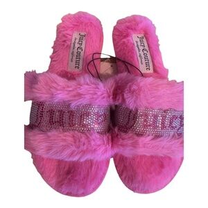 New Juicy Couture Gravity 2 Faux Fur Slippers Hot Pink w/ Rhinestones Size Small